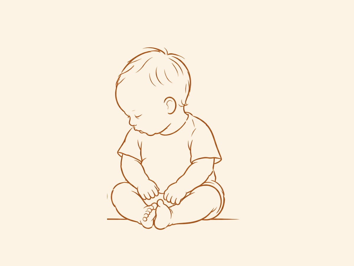 Line drawing of Joel sitting, looking down